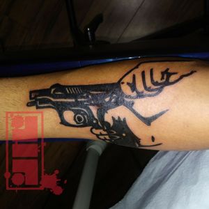 Gun tattoo on clients forearm...#traditionaltattoo #classic #neotraditional #illustrative #graphictattoo #byjncustoms 