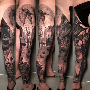 Murmuration of starling birds full leg tattoo in black and grey realism, London, UK | #blackandgreytattoos #fulllegtattoo #birdstattoo #realistictattoos #legtattoo