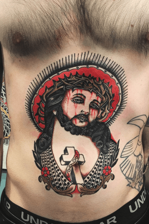Jesus, belly tattoo, Jesus tattoo, traditional tattoo, old school, Zurich, CH 