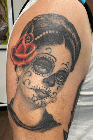 Healed black and grey realistic Frida Khalo tattoo by Chris Lambert. Tattooed at Snake and Tiger Tattoo in Leeds city centre. To make a booking please see details on my website www.chrislamberttattoo.com