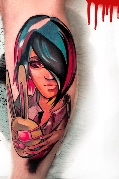 Touka that i made in Synesthezia Tattoo (Madrid). With Cheyenne, Fk Irons, Eternal Ink, Kwadron needles and Nuclear white. I hope you like it! #neotraditional #neocomic #newschool #spain #animetattoos #anime #tokyoghoul