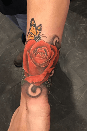 Color realistic rose and monarch butterfly for a client. Message me on here for quotes or stop in at Nocturnal Tattoo 6474 w 20th Ave Lakewood Colorado 