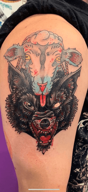 Wolf in sheeps clothing tattoo for a client. Message me on here for quotes or stop in at Nocturnal Tattoo 6474 w 20th Ave Lakewood Colorado 