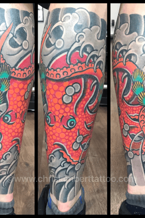 Healed traditional Japanese style Octopuss tattoo by Chris Lambert. Tattooed at Snake and Tiger Tattoo in Leeds city centre. To make a booking please see details on my website www.chrislamberttattoo.com