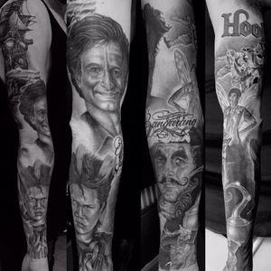 So my good friend @ry.l.h sent me a pic of his sleeve I'm working on thanks mate, we have @dantebasco as Rufio and @dustinhoffmanofficial as hook and the late great @therobinwilliams as pan himself. #tattoo #tattoosleeve #bngink #bngsociety #bng #bnginksociety #hook #robinwilliams #dustinhoffman #dantebasco #pan #peterpan #tattooesguys #tattooedmodels #tattooedmodel #tinkerbell #pirate #realismtattoo #realistic #realistictattoo #portrait #tattoodo #silverback #silverbackink #hellotattoomed #truegentcartridges #magnumtattoosupplies #killerinktattoosupplies #inkjectanano #inkjectatattoomachines