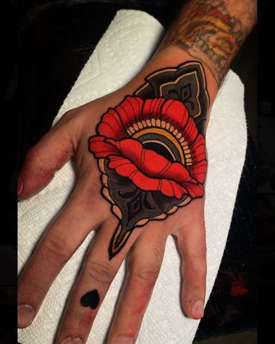 Neo-Traditional tattoo by Solemn Tattoo of Loveless Tattoo in Montreal #SolemnTattoo #LovelessTattoo #neotraditional #neotraditionaltattoo #color #artnouveau #artdeco #montreal #canada #peony #handtattoo #hand #pattern #flower #floral