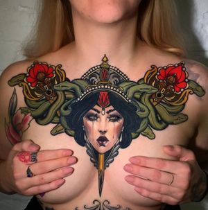 Neo-Traditional tattoo by Solemn Tattoo of Loveless Tattoo in Montreal #SolemnTattoo #LovelessTattoo #neotraditional #neotraditionaltattoo #color #artnouveau #artdeco #montreal #canada #portrait #ladyhead #pearls #flowers #floral #chestpiece #chesttattoo