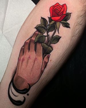 Neo-Traditional tattoo by Solemn Tattoo of Loveless Tattoo in Montreal #SolemnTattoo #LovelessTattoo #neotraditional #neotraditionaltattoo #color #artnouveau #artdeco #montreal #canada #hand #flower #rose 