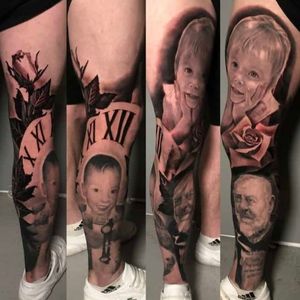 Daughter, son and Padre Pio portraits surrounded by roses and clock full leg tattoo in progress in black and grey realism, London, UK | #blackandgreytattoos #realistictattoos #portraittattoos #legtattoos