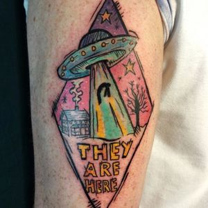 UFO abduction pop surrealism tattoo, by Adam McDade.#scifi #ufo #aliens 