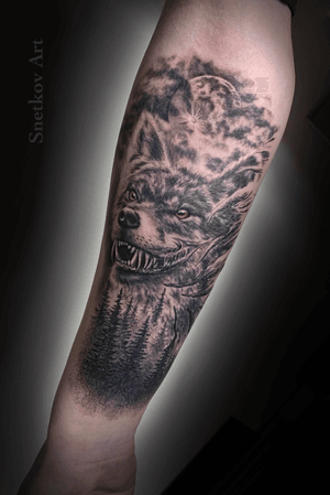 #wolf and #forest #tattoo #blackandgrey