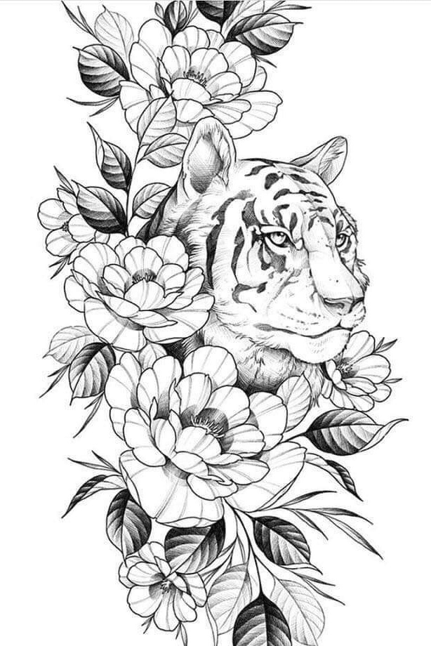 Tiger and Flowers Illustration Tattoo  Isadora Tangerino  Животные  Эскиз Рисунок