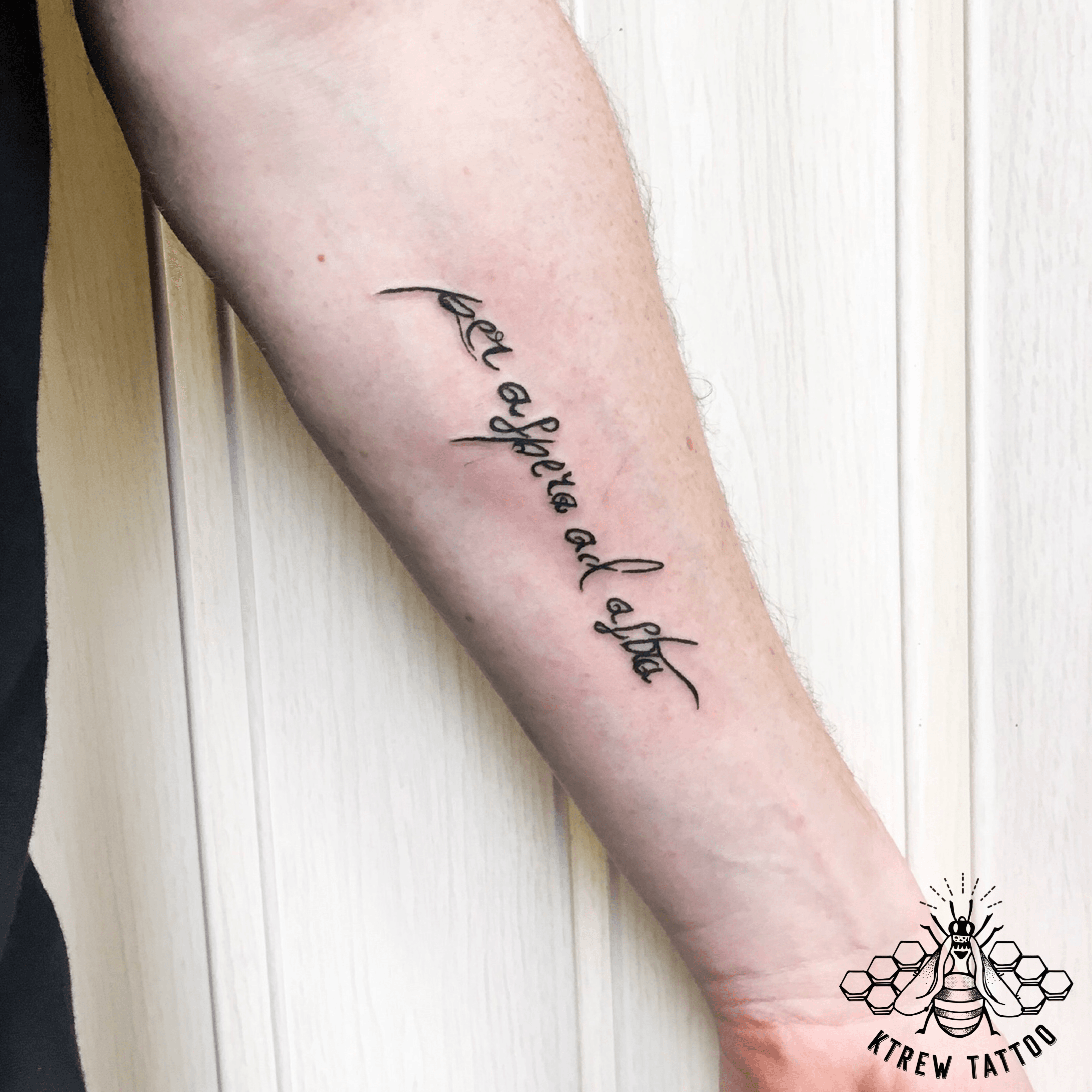 Tattoo uploaded by KTREW Tattoo • Per Aspera Ad Astra Lettering by Kirstie  Trew @ KTREW Tattoo • Birmingham, UK 🇬🇧 #script #tattoo #scripttattoo  #lettering #birminghamuk • Tattoodo