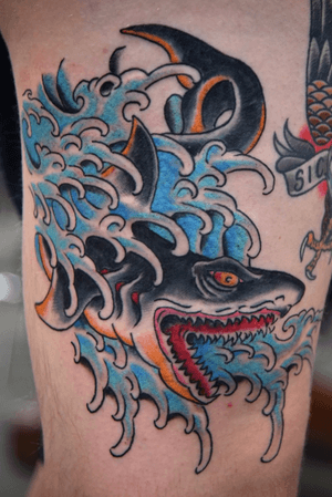 I really enjoyed doing this shark on the side of his thigh. Made in Kansas City. 