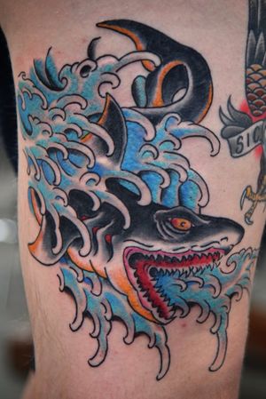 I really enjoyed doing this shark on the side of his thigh. Made in Kansas City. 