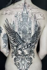 Gothic inspired back piece Collaboration with Javier Rivera Cast and sky done by me Parrot and filigree done by Javier