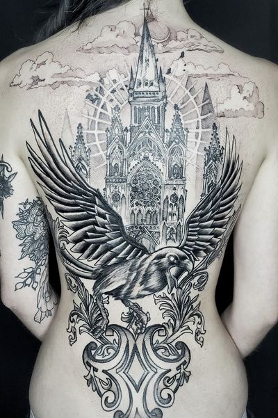 Gothic inspired back piece Collaboration with Javier Rivera Cast and sky done by me Parrot and filigree done by Javier
