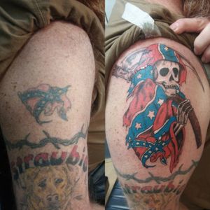 Before and after of a cover-up I did for a client with Rebel Pride