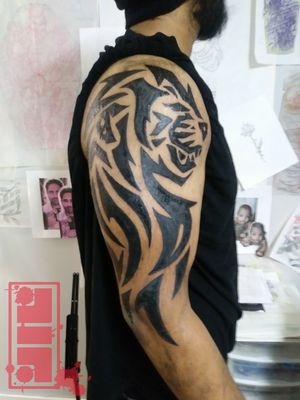 Tribal lion halfsleeve on client...Thanks for looking. #tribaltattoo #liontattoo #halfsleeve #customdesign #