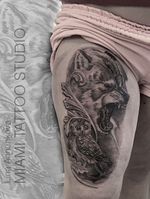 This big tattoo was done during 3 hours #krismen #blackandgraytattoo #wolf #owl #realism #animals #tattoobylina 
