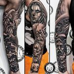 Full arm sleeve Tattoo🎭🎲 Black & Grey Chicano Style⚫⚪ Made by Ton🇹🇭 . #tattooed #tatts #tats #tattoophuket #thaitattoo #tattoothailand #tattooaddict #tattoolife #tattoo #tattoos #ink #inked #tattooartist #tattoostudio #inktober #thailand #phuket #phuketthailand #igersthailand #patong #patongbeach #gamblingtattoo #casinotattoo #armsleeve #armsleevetattoo #blackandgreytattoo #chicanostattoo #chicanotattoo #fullarmtattoo #fullarmsleeve