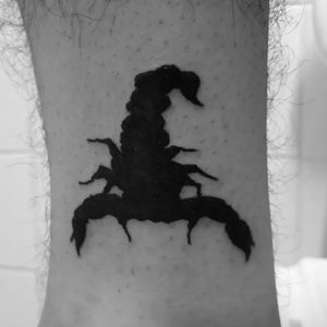 Black work scorpion flash tattoo on lower leg 