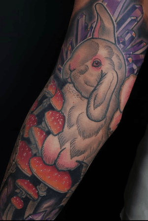 Bunny, crystals, and mushroom tattoo by Danny Inkaholic #DannyInkaholic #DannyPokes #neotraditional #bunny #rabbit #color #mushroom #crystals
