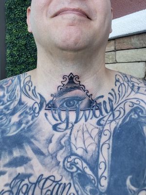 Middle of Neck coverup with an all seeing eye- Only fresh tattoo middle of neck by Elekktra G. 