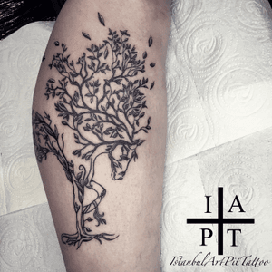 First tattoo of 2020 and my client. A horse made of branches and leaves. #horsetattoo #horse, #tattoooftheday #mynexttattoo #inked #tattooed #legtattoo #calftattoo #blackwork #linework #blackandgrey #blackandgreytattoo #floraltattoo