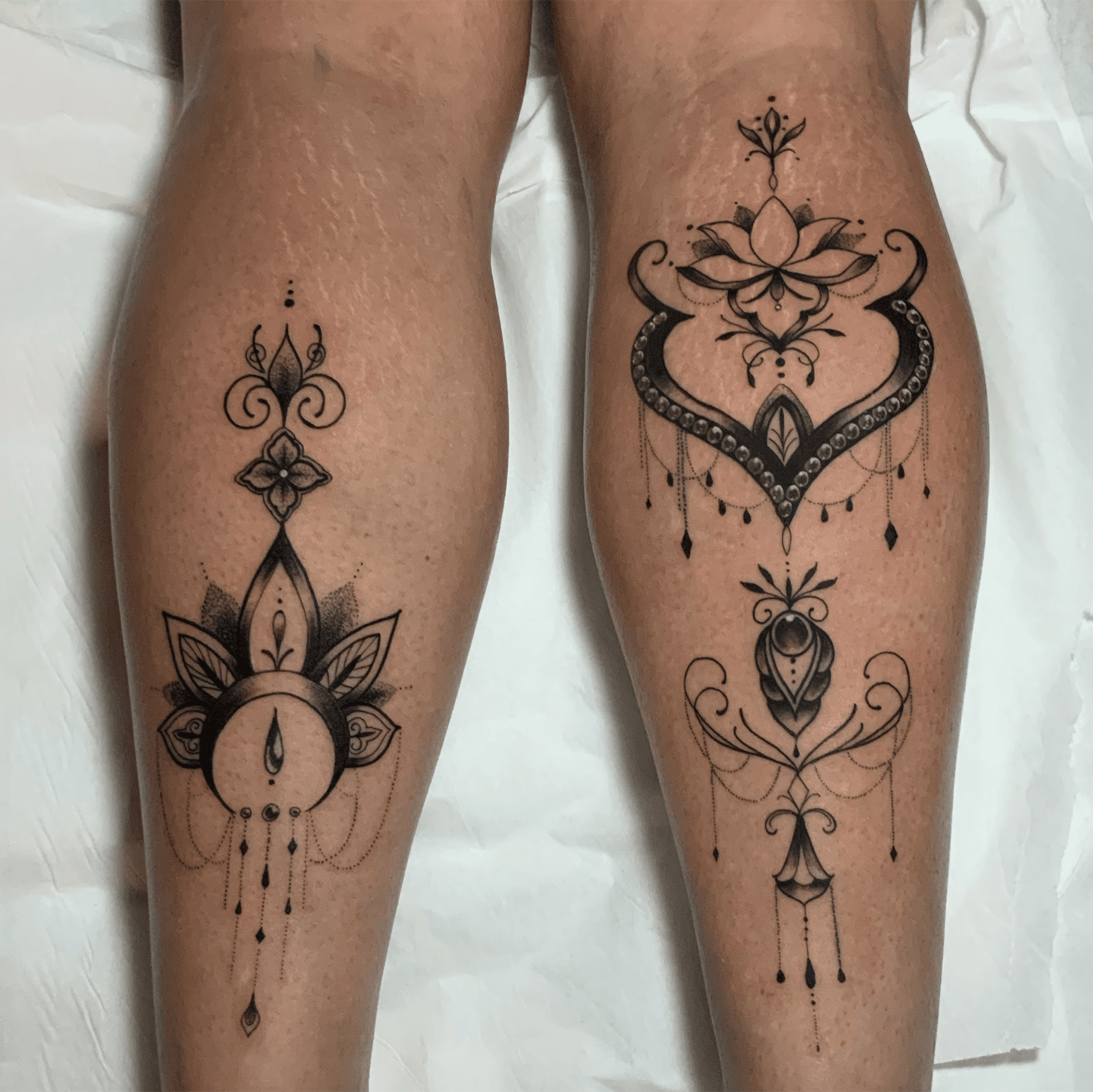 Tattoo uploaded by Jen Mogg • Asymmetrical black work on legs #blackwork #birminghamtattoo #girlytattoo #legtattoo • Tattoodo