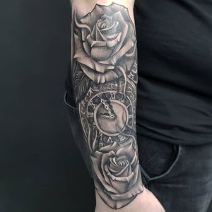 Black and grey Roses and Clock. 