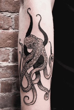 Another three hearted creature. I really love tattooing these! #octopus #seacreature #sea #blackwork #darkartists #blackandgrey