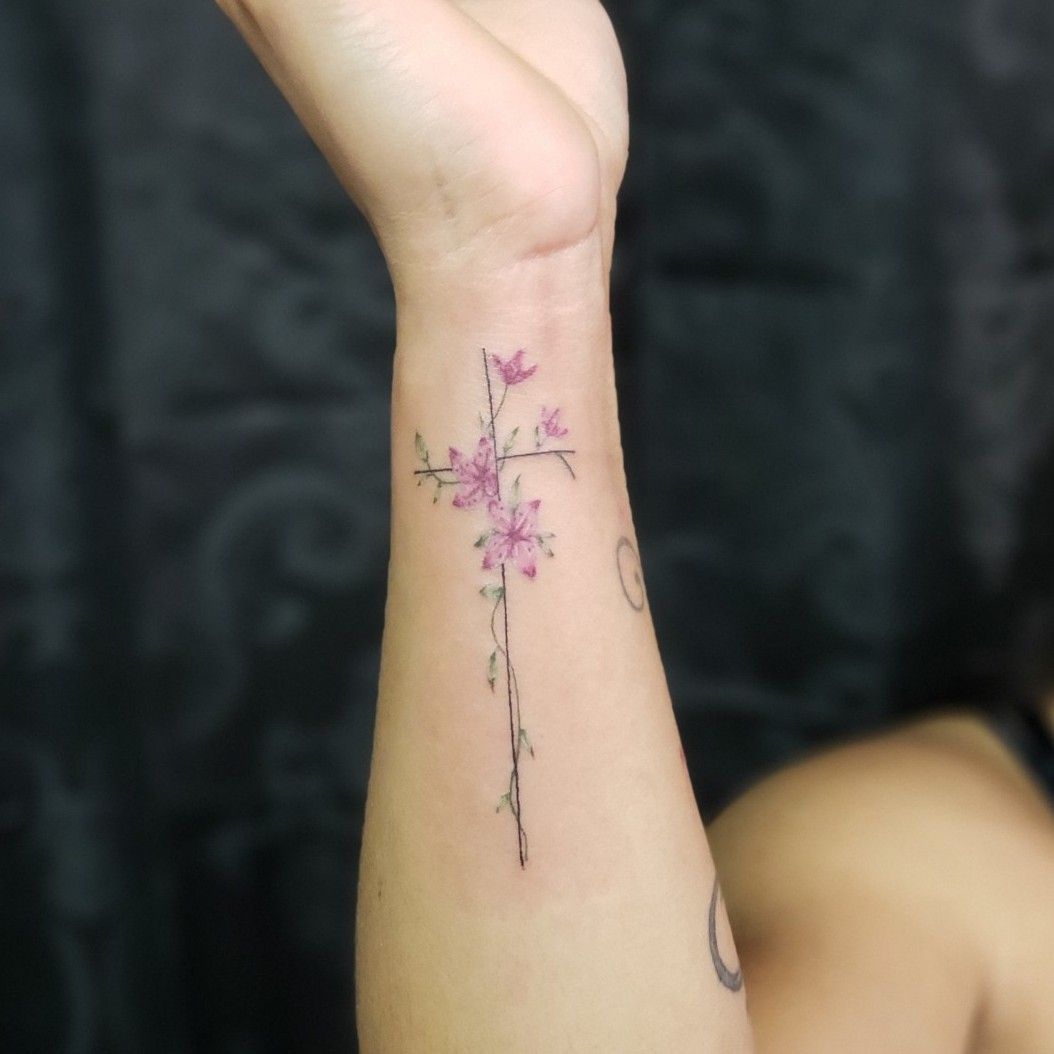 Tattoo uploaded by Keron McHugh  Minimalist floral cross  Tattoodo