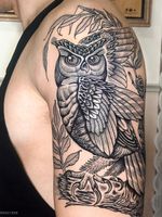 Owl on arm.