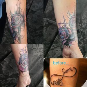 Synth- nouveau watercolor & ink splatter roses cover up piece