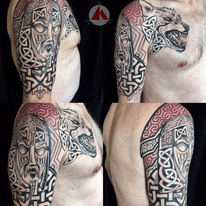 Celtic piece with Viking warrior and wolf protector. I also do dot work and occasionally I’ll do minimal color for dynamic accents. 