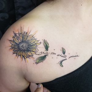 Sketch style sunflower & watercolor with "this too shall pass" in mother's handwriting