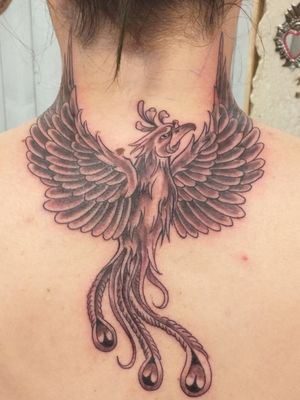 Back of the neck Phœnix tattoo, done by Ed #phoenix #phoenixtattoo #neck #necktattoo #backoftheneck #backofthenecktattoo #blackandgrey #blackandgreytattoo #tatouage #nuque