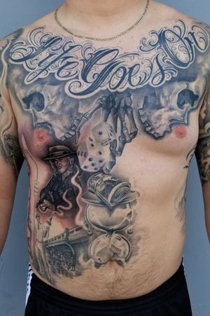 Front chest and full stomach in progress....Black and Grey Realism Chicano 