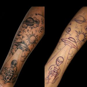 Tattoo de hoy para una genia de la vida.. #tattoo #inked #ink #alien #abduction #abduccion #gato #cat #planets #planetas #whipeshading #freehand #luchotattoo #luchotattooer 