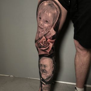 Black and grey realistic full leg tattoo of family child and Padre Pio portraits, London, UK | #blackandgrey #realistic #tattoo #fulllegtattoos #portraittattoos #londontattooartist