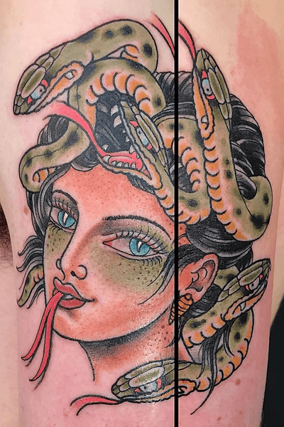 Traditional girl head medusa tattoo by Craig Kelly