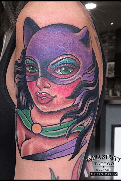 Traditional cat woman girlhead tattoo by Craig Kelly 