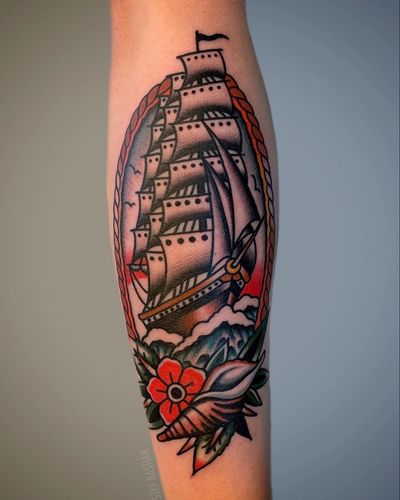 Ship tattoo by Stef Bastian #StefBastian #traditionaltattoo #traditional #ship #ocean #shell #conch #flower 
