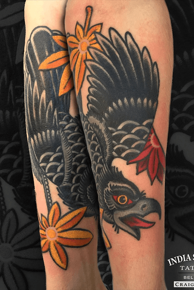 Traditional crow tattoo by Craig Kelly