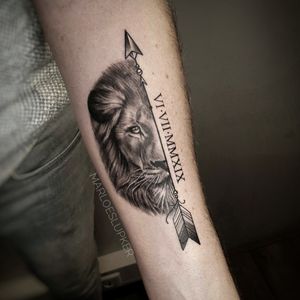 Half Lion - part of couples tattoo by @marloeslupkertattoo #marloeslupker #liontattoo #halflion #arrow #romannumerals #blackandgrey #inkandintuition #amsterdam