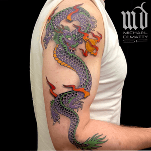 Traditional dragon piece by @michaeldemattytattoo on Instagram ! Resident artist of black and blue tattoo. Email: Michaeldemattytattoo@gmail.com Hourly: $350