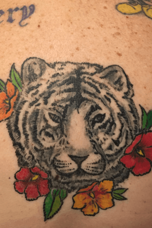 Tiger with orange and red flowers (not finished,  needs touch ups)