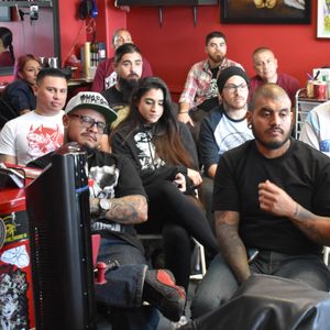 everyone actting like nice little students at fonzys grey skull tattoo seminar at exclusive ink club