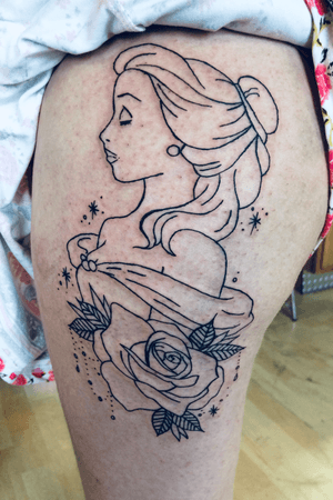 Tattoo of Belle from Beauty In The Beast.👑💍 Took about 3 1/2 to 4 hours. Wanting to add color but I haven’t decided yet. 😁😛
